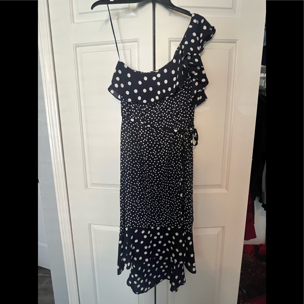 Blue Polkadot One Shoulder slightly hi-low style dress